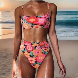 Women 2 Piece Swimsuit Large Floral Bandeau High Waisted Adj. Strap High-Cut Leg
